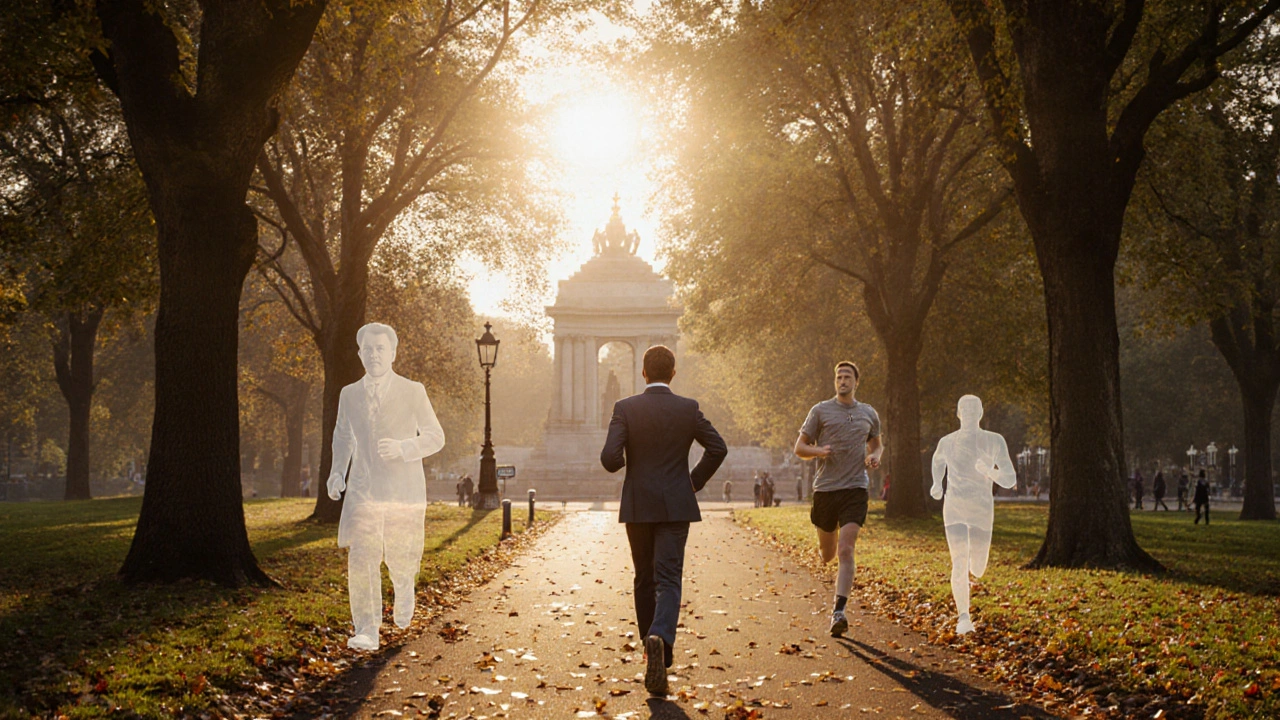 A runner by the Albert Memorial in Hyde Park, surrounded by faint historical figures walking the same path at sunrise, autumn leaves falling.
