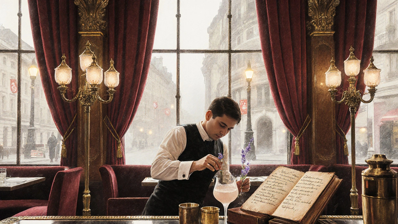Bartender preparing a lavender-infused London Fog cocktail in a vintage bar setting.