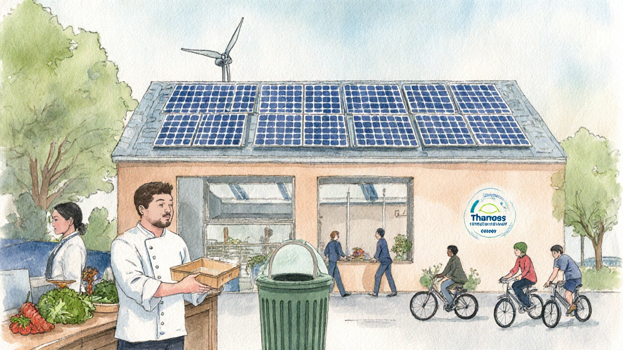 Chef serving a biodegradable box, compost bin, and rooftop solar panels showing eco practices.