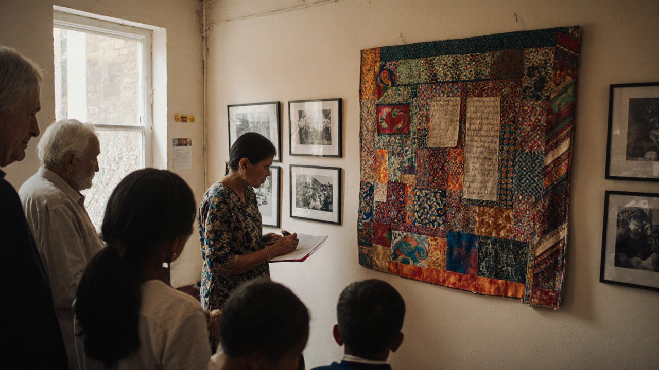 Community members write personal captions beside a vibrant collage in a Brixton exhibition space.