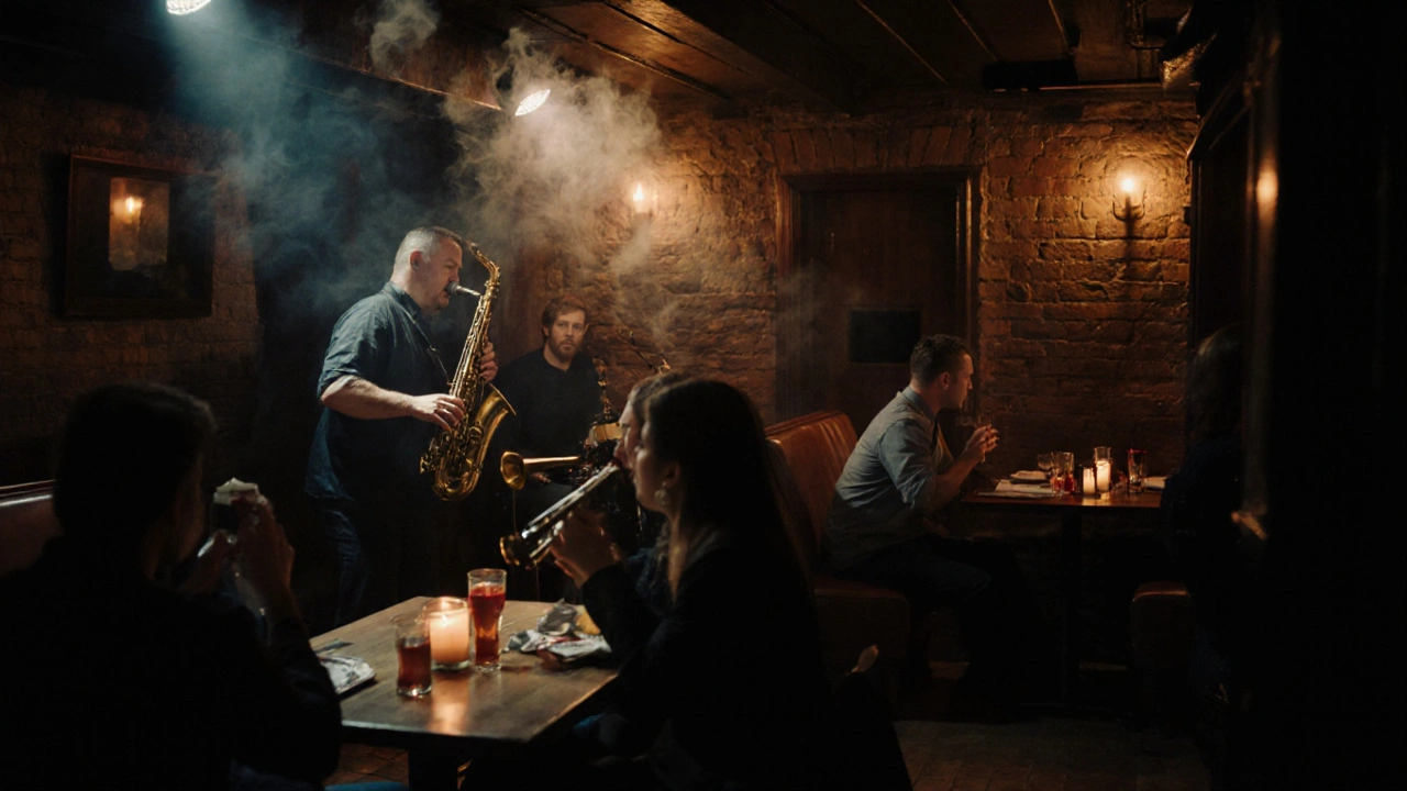 Cozy underground pub with live jazz musicians and dim lighting.