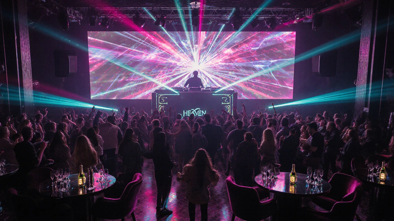Crowded main room of Heaven Nightclub with LED walls, laser lights, and DJ mixing.