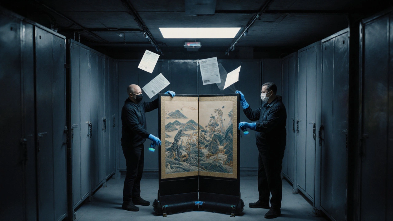 Curators in a secure vault carefully handle a delicate Japanese screen with climate-control equipment.