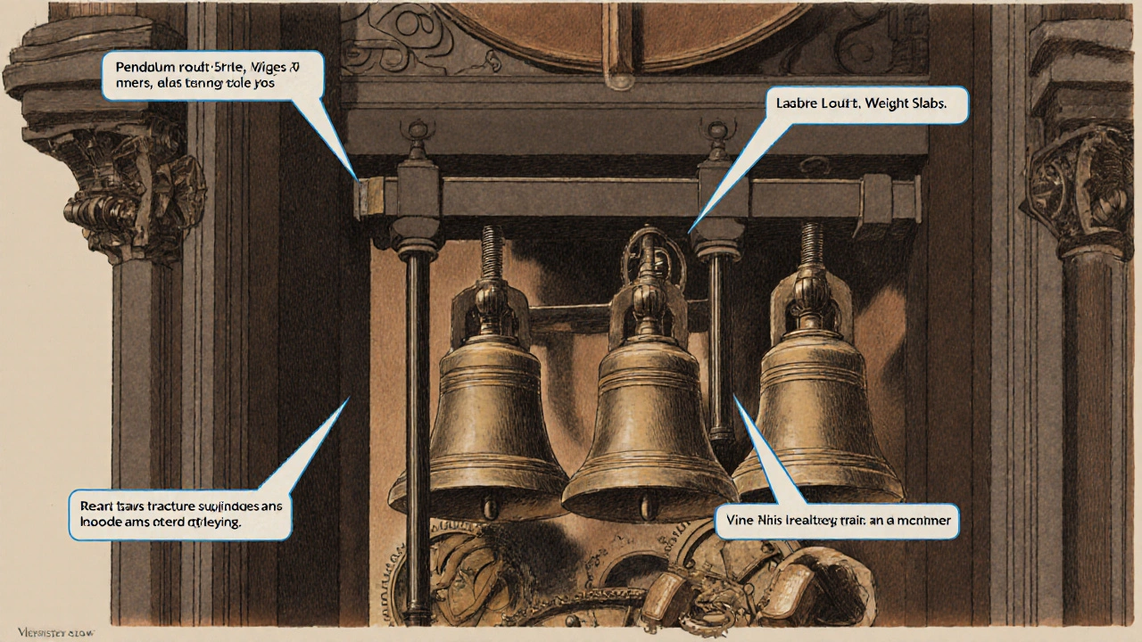 Cutaway diagram of the clock's pendulum, weights, gears, and hammers.