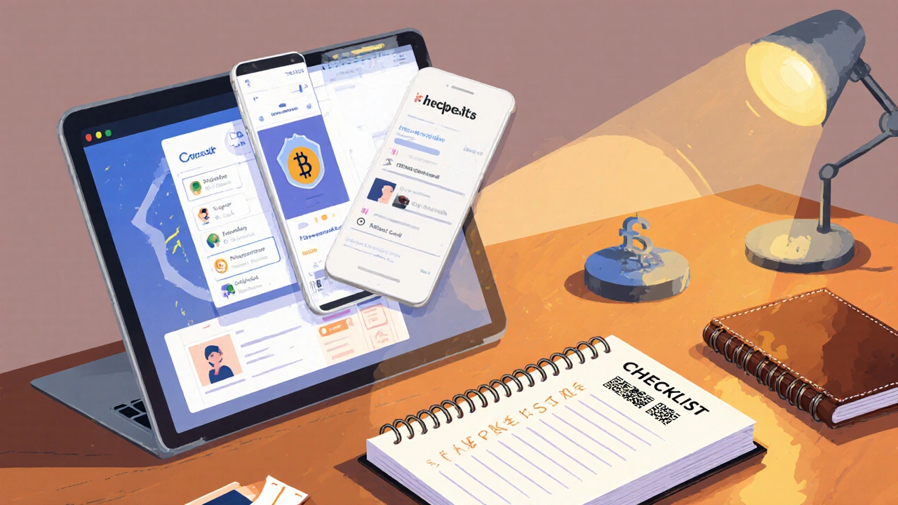 Desk flat lay showing phone, laptop, credit card, crypto QR code and a checklist notebook.