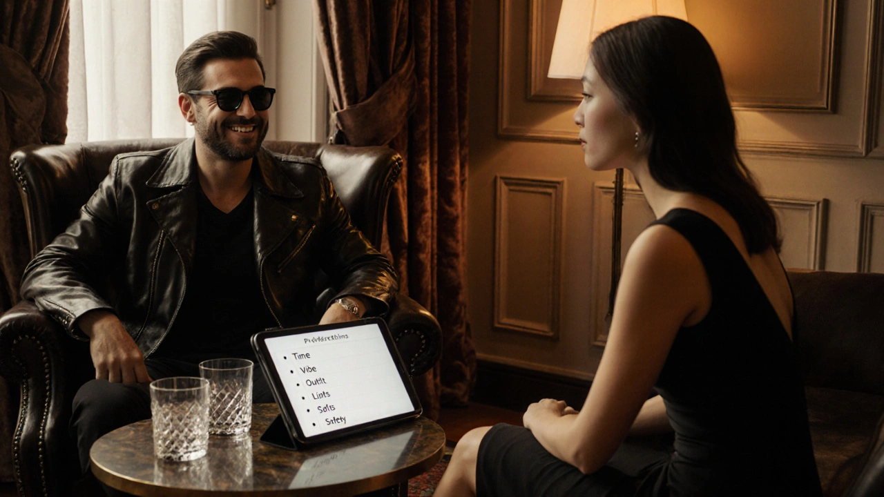 Elegant lounge scene with a gentleman and companion discussing preferences on a tablet.