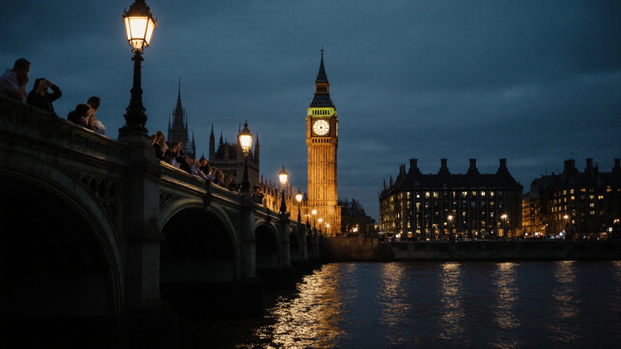 Evening scene on Westminster Bridge with people listening to Big Ben chimes.