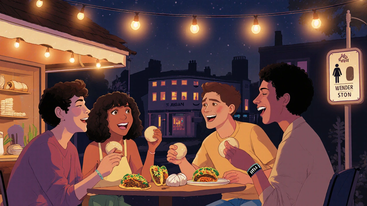 Friends enjoying street food in Brixton Village after club night, with inclusive amenities nearby.