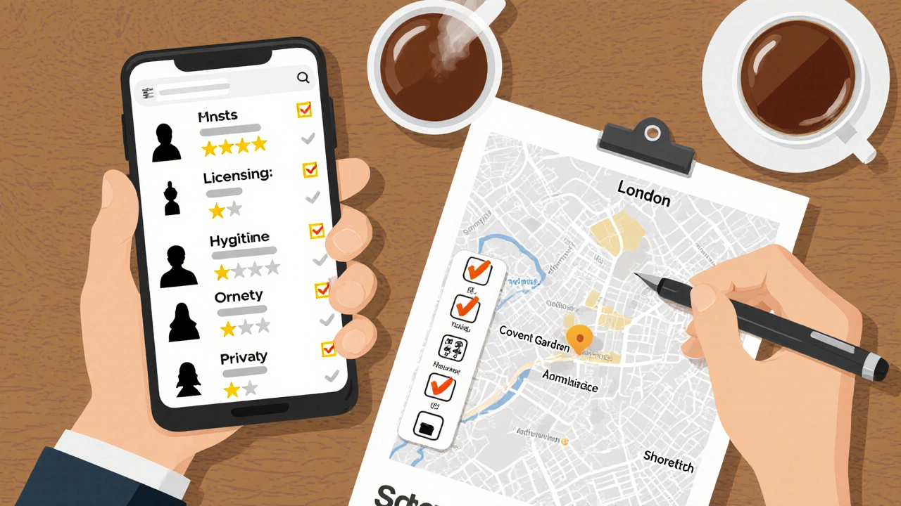 Hands holding a phone with abstract search results beside a checklist and London map outline.