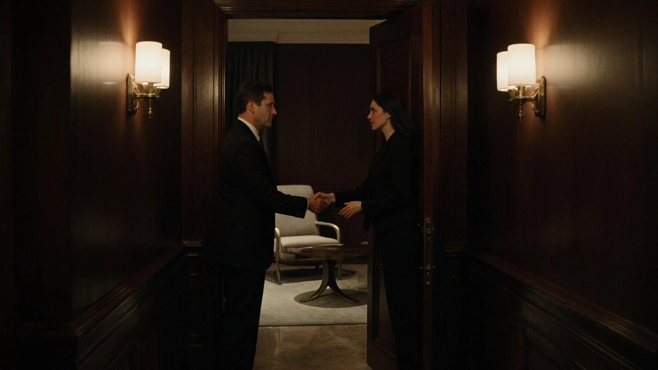 Hotel corridor with a private suite door ajar, showing a woman greeting a man discreetly.