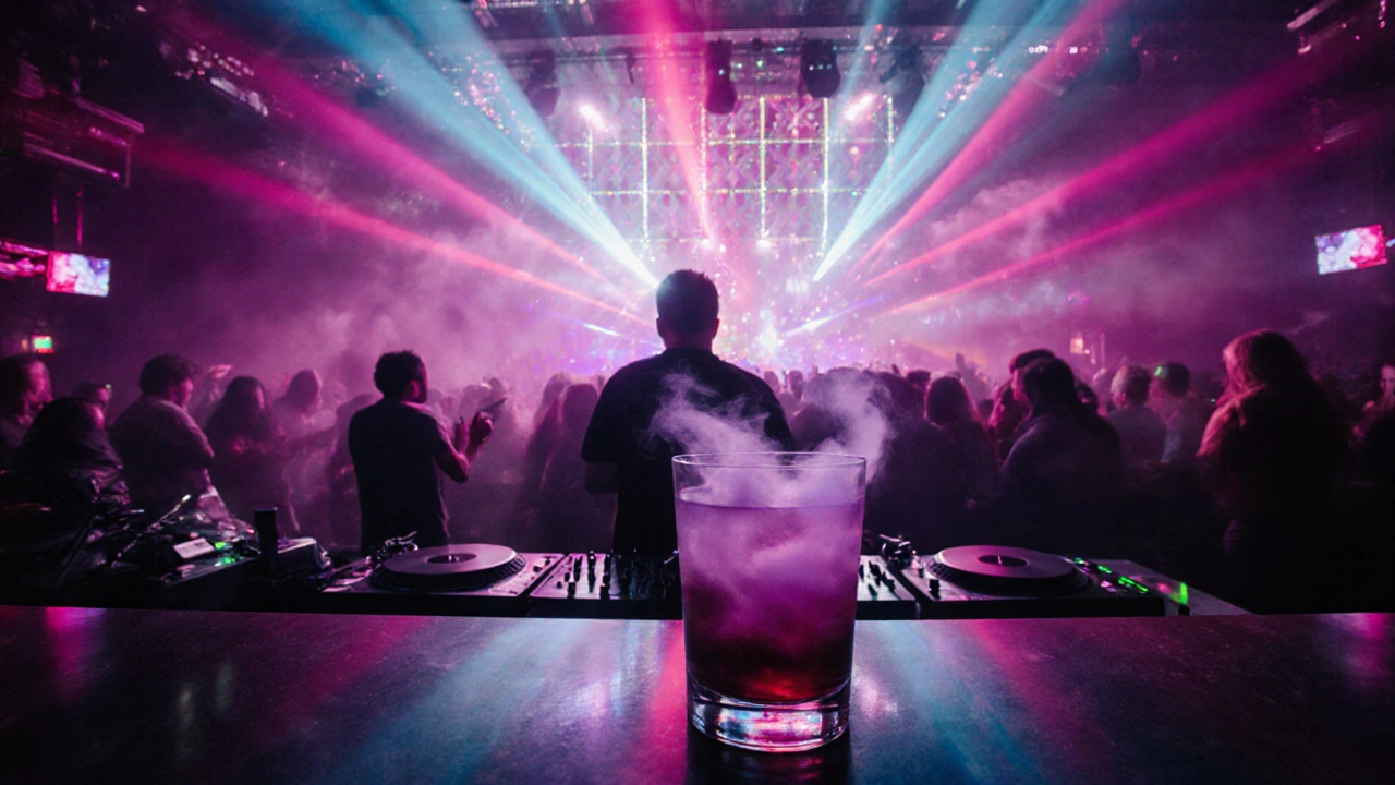 Interior of Heaven Club with DJ, colorful laser lights, and a smoked lavender cocktail.