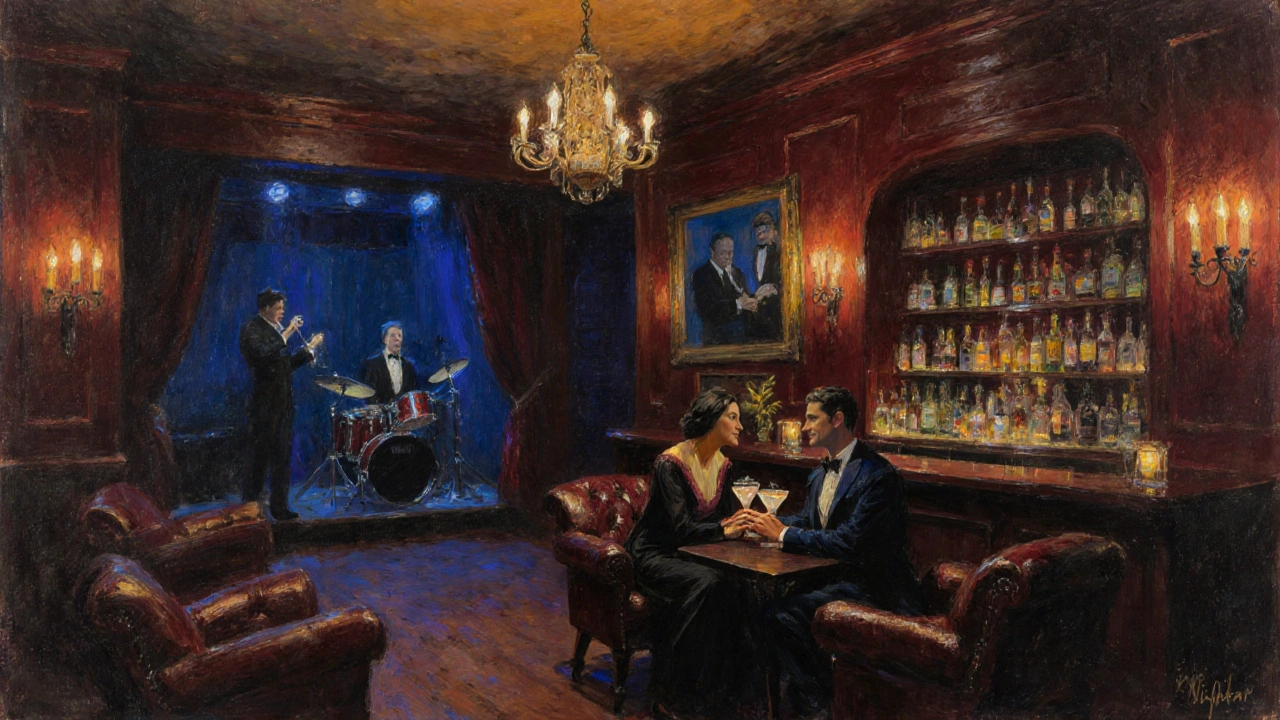Intimate speakeasy scene with a couple at a table, soft lighting, and a live swing band.