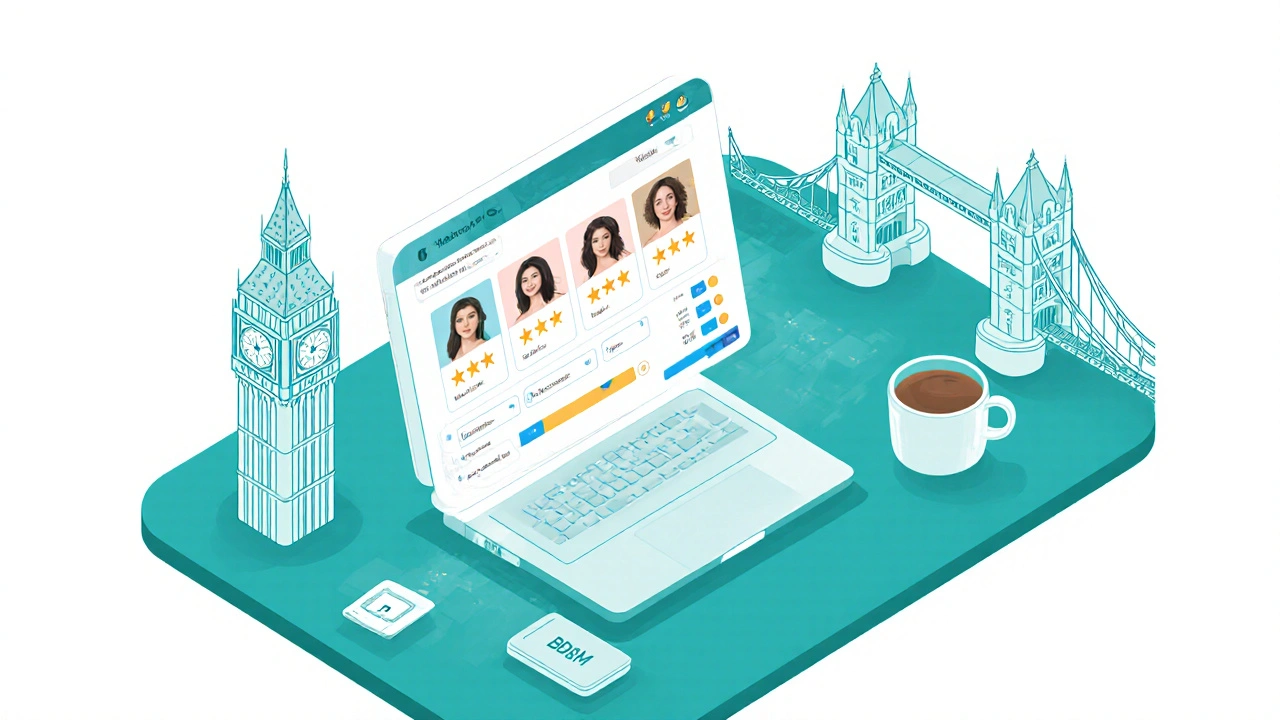 Isometric desk scene with laptop UI filtering escort ratings and specialties.