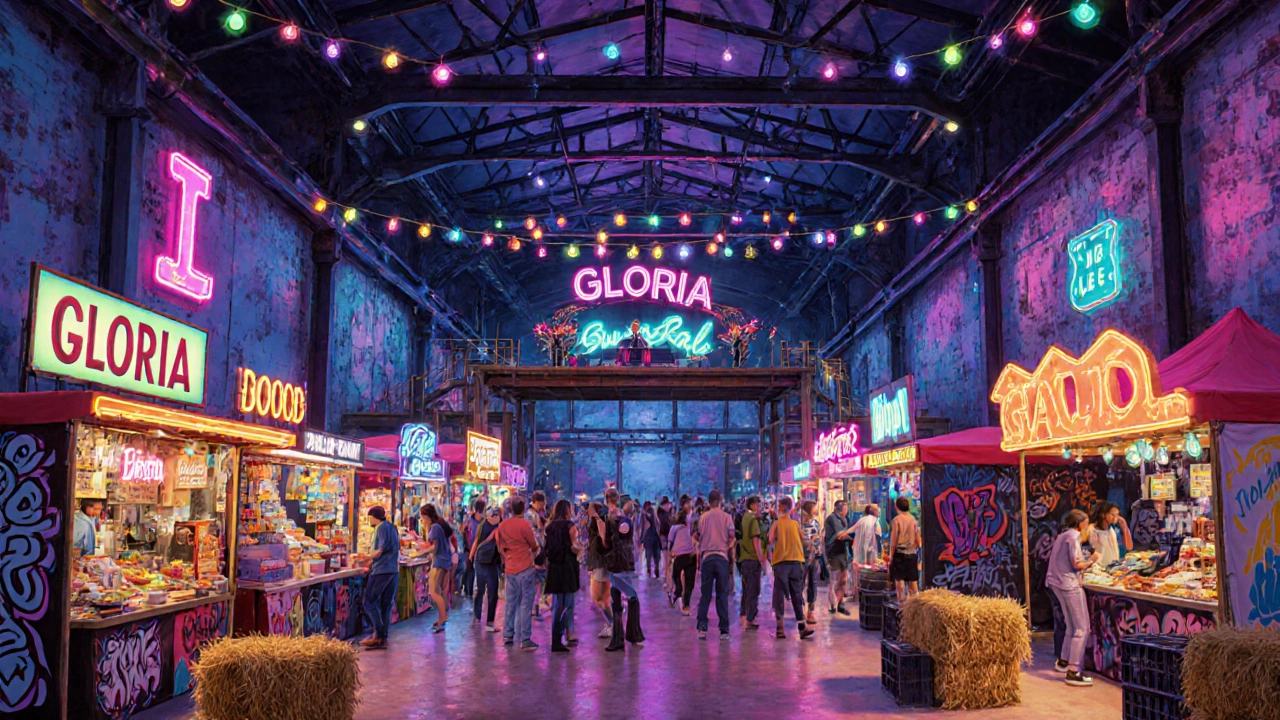 Lively night market inside an abandoned Southbank warehouse with stalls and a DJ.