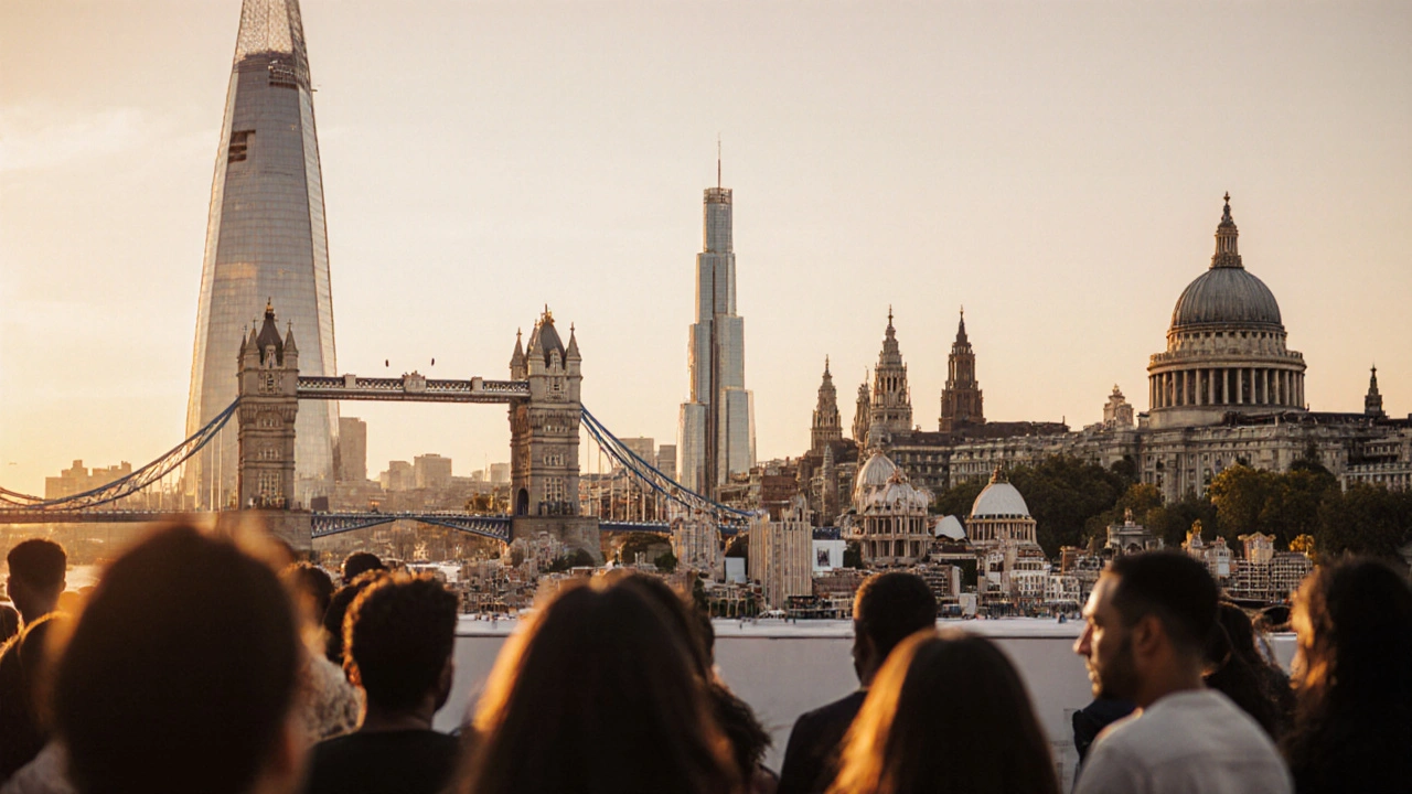 Londoners and tourists admiring global architectural models on the South Bank at sunset.