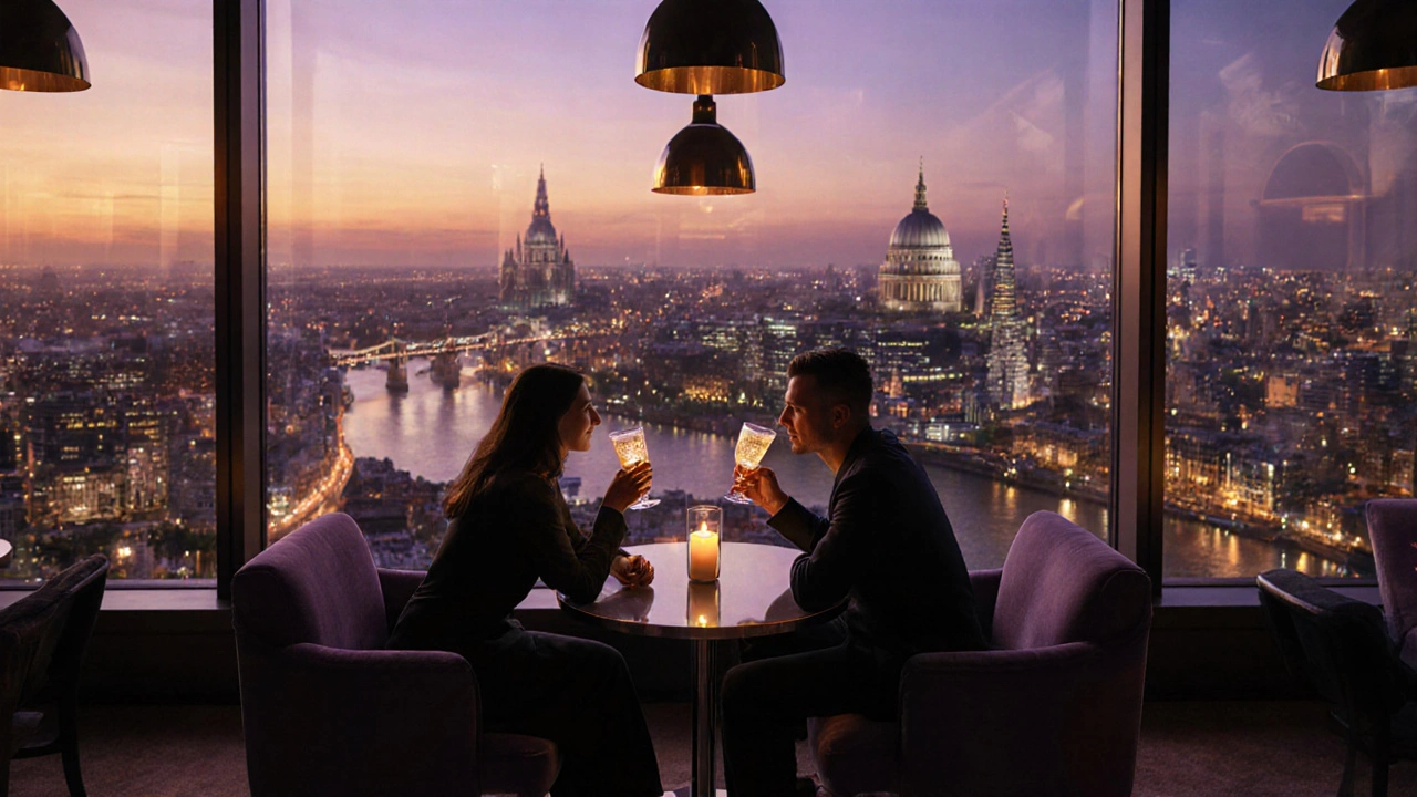 Lovers sharing drinks on a rooftop lounge with city lights and sunset view.