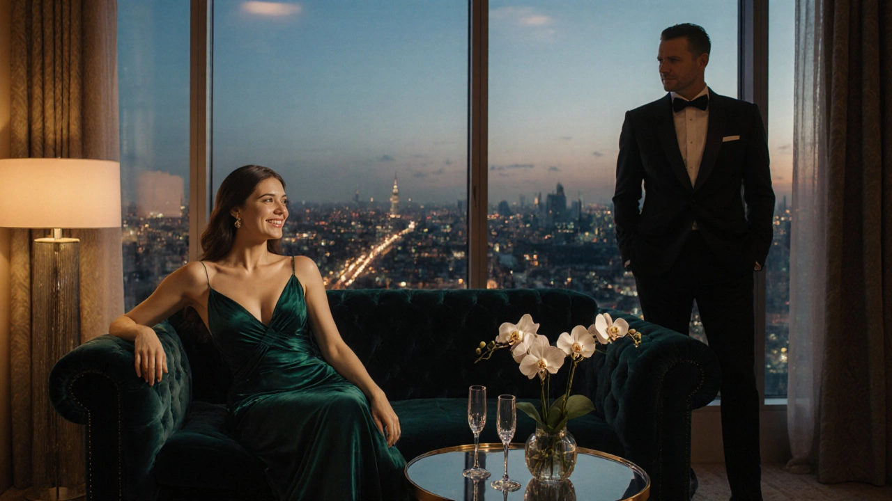 Luxury hotel suite with champagne, velvet sofa and an elegant woman in an emerald dress.