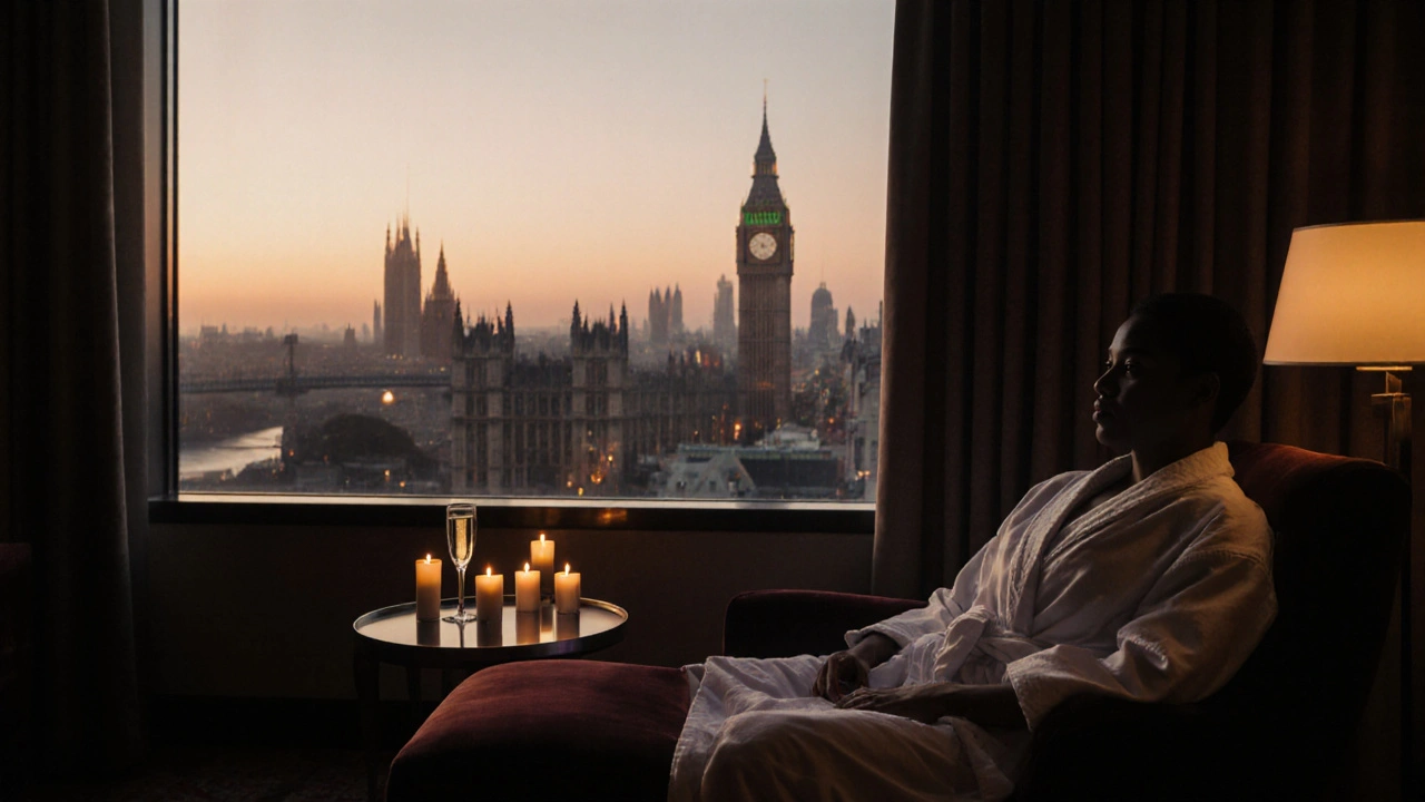 Luxury VIP suite interior with champagne flute, candles, robe and sunrise view of London skyline.