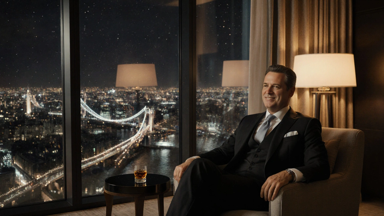 Man relaxes in a luxe hotel suite, looking satisfied with city lights outside.
