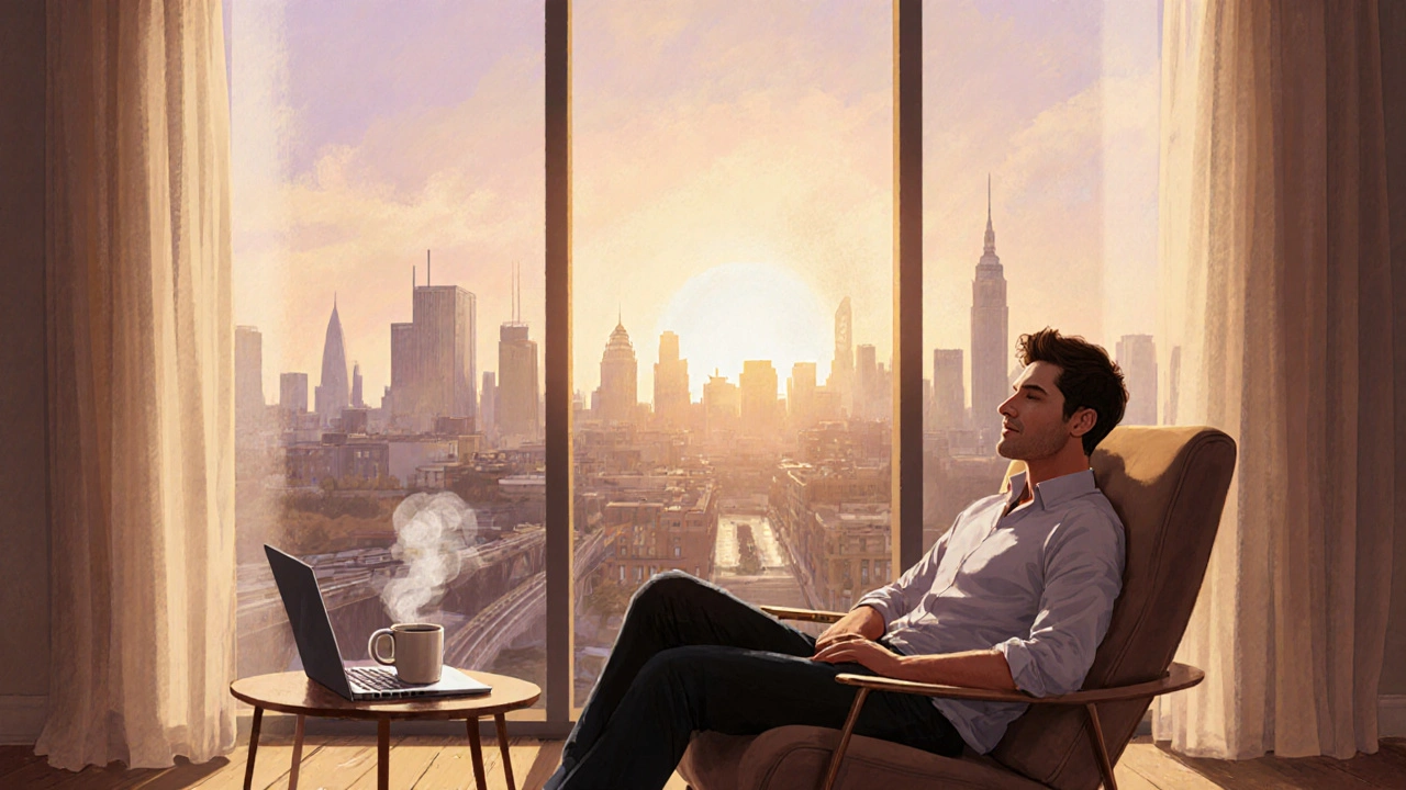 Man relaxing in a modern flat at sunrise, smiling with coffee, London skyline visible.