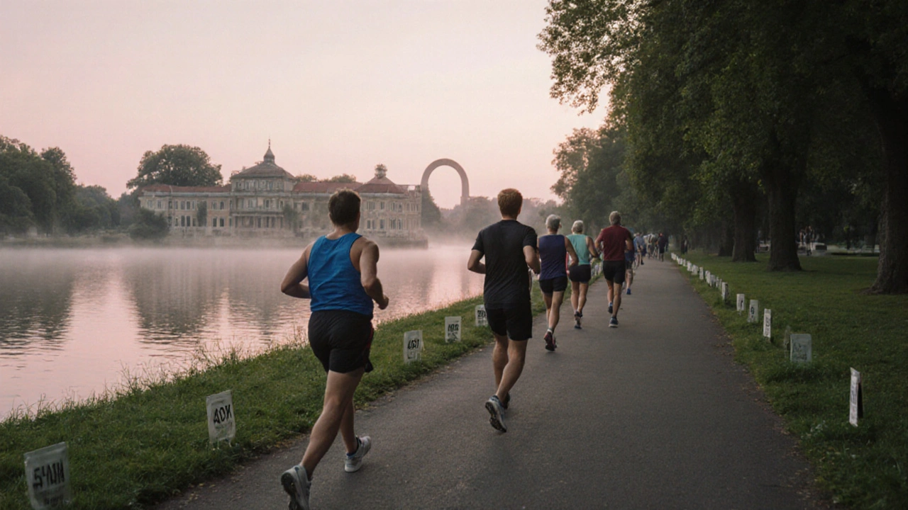 Multiple runners following the marked 5K loop around Serpentine Lake in Hyde Park at dawn, with distance markers and boating house in background.