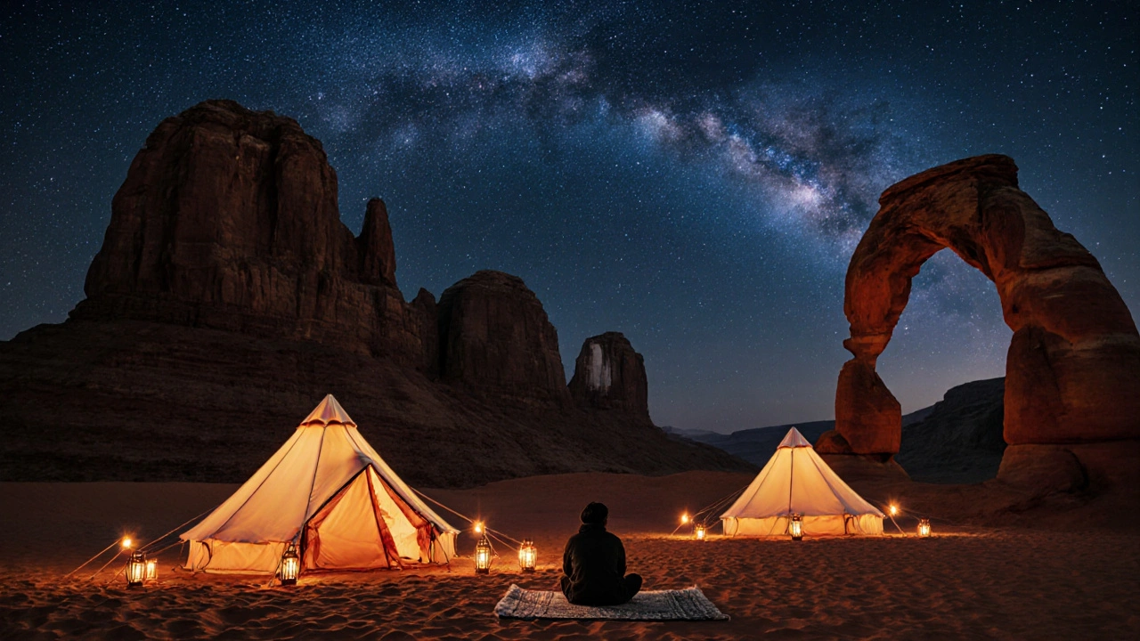 Night scene in Wadi Rum with red sandstone arches, Bedouin camp lanterns, and a starry sky.