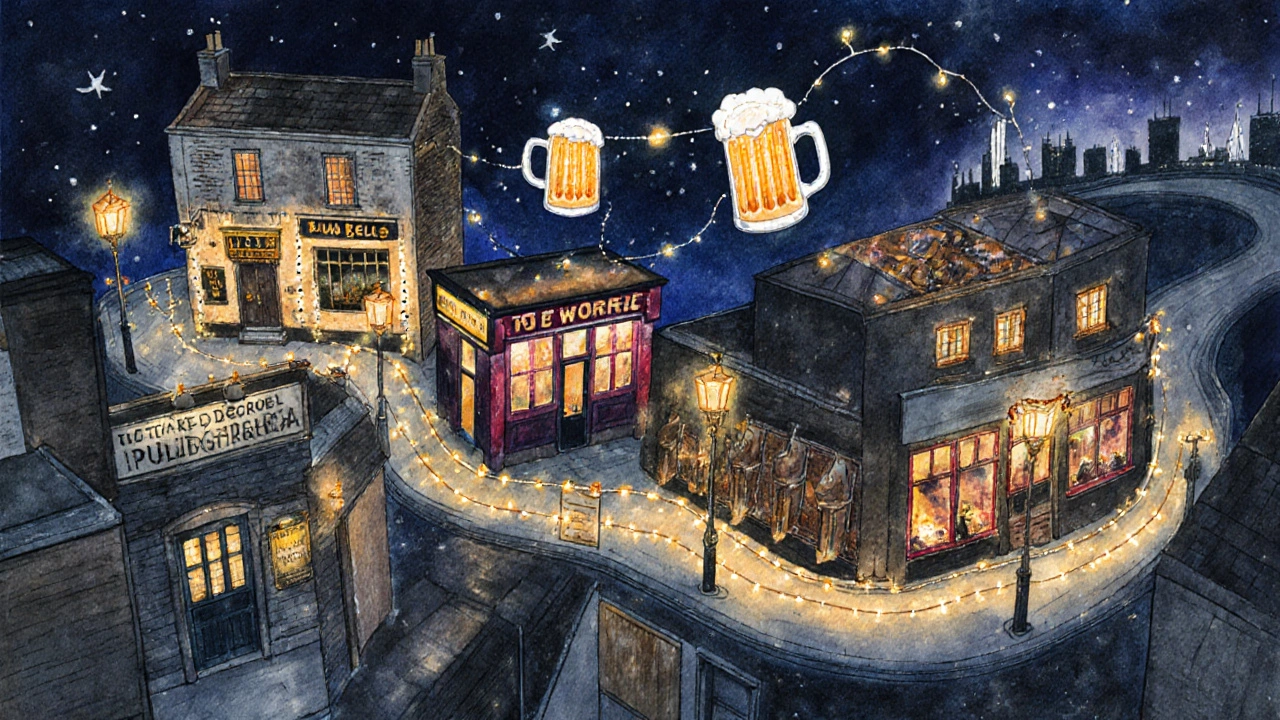 Nighttime route of five London pubs glowing along a path with beer mugs and skyline views.