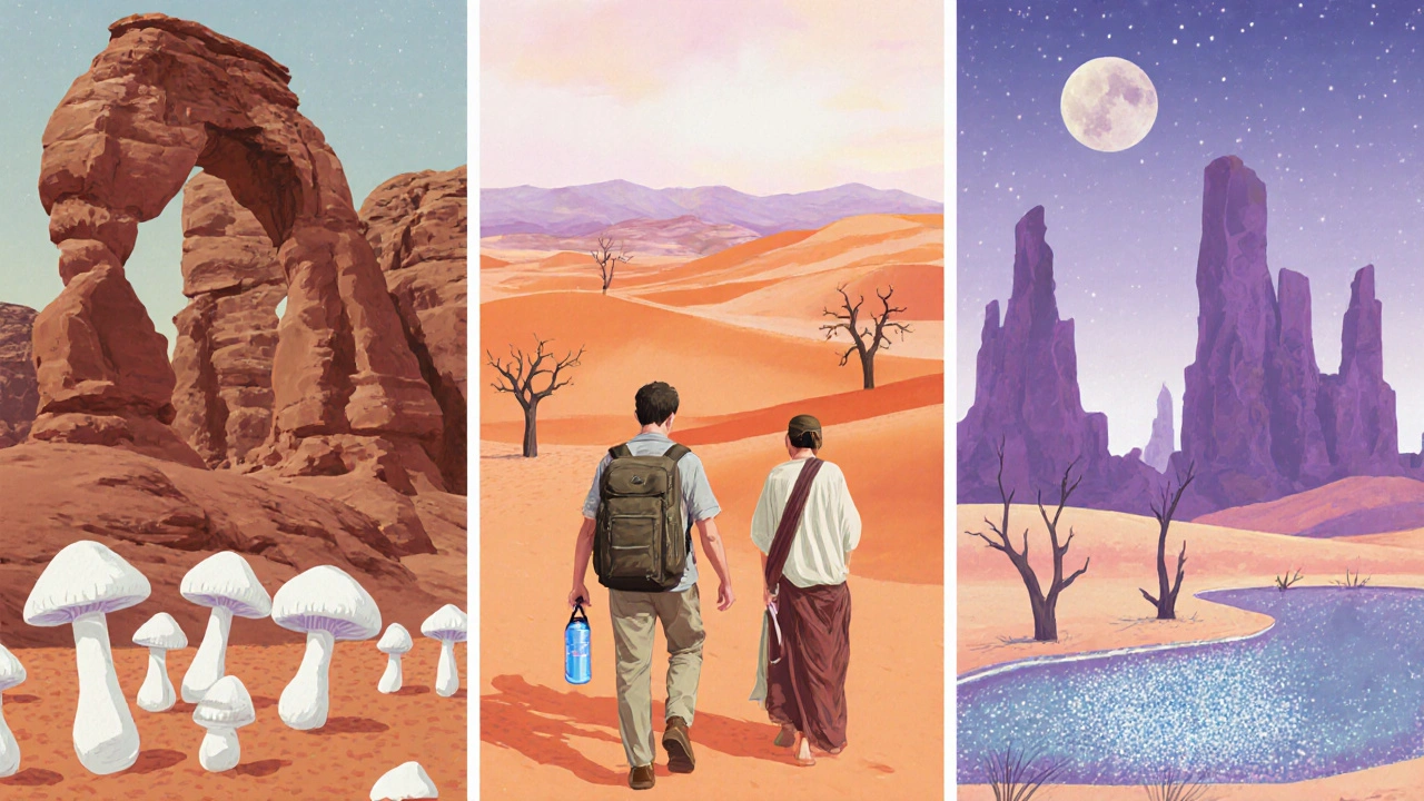 Pastel collage of five desert landscapes with a traveler carrying a reusable water bottle.