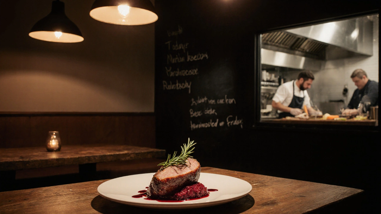 Roasted pork belly with beetroot purée served at The Dairy, open kitchen behind.