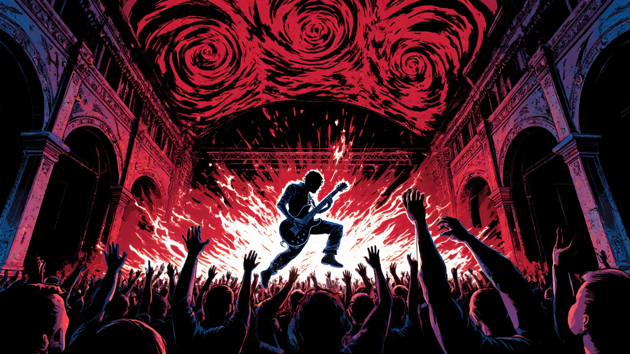 Rock concert at O2 Academy Brixton with fans cheering under a vaulted ceiling and guitarist leaping on stage.