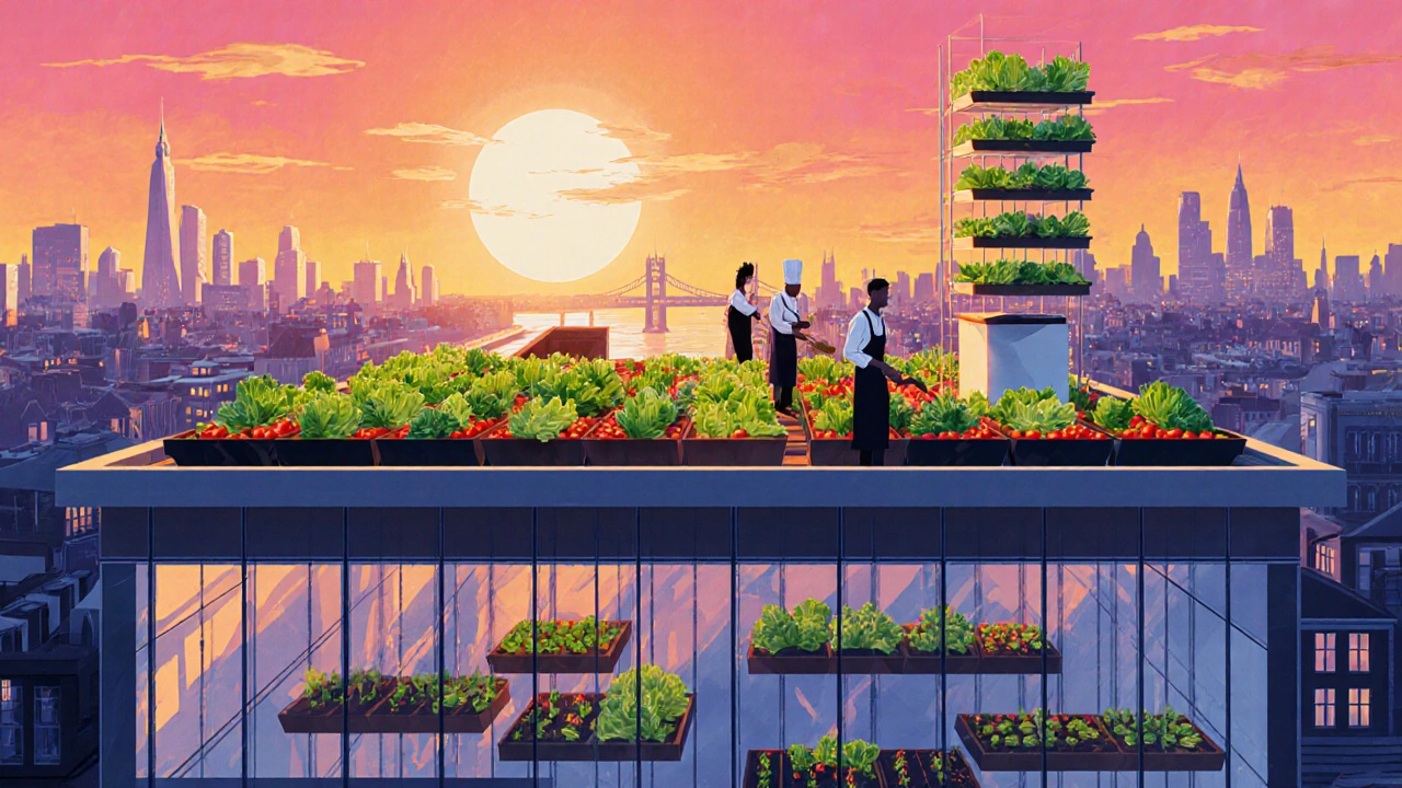 Rooftop garden with hydroponic towers on a London building, chefs harvesting lettuce at sunset.