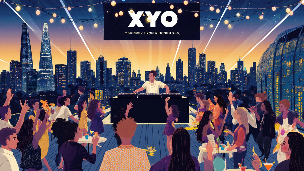 Rooftop XOYO summer event overlooking London skyline with DJ and party crowd.