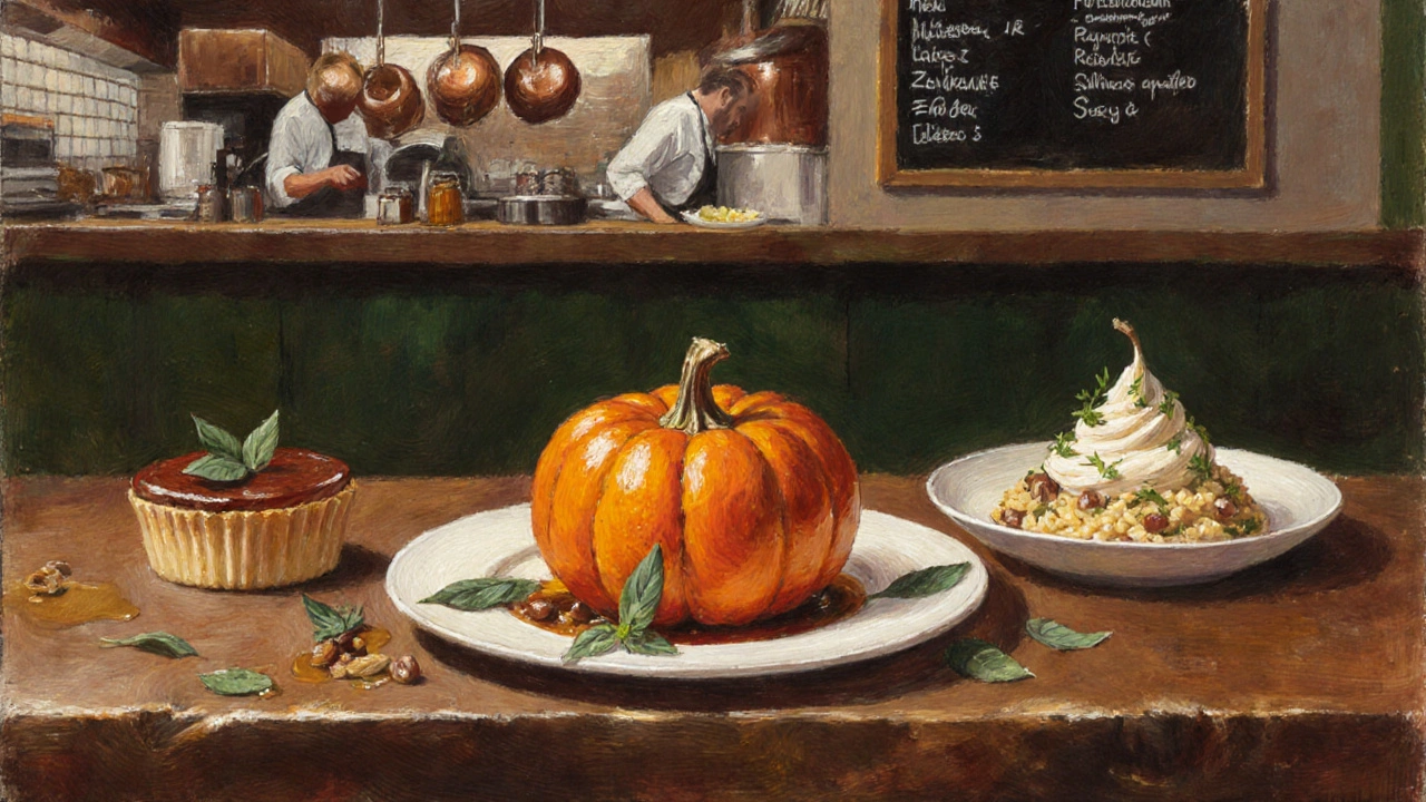 Rustic table with roasted pumpkin, mushroom risotto and pear tart plated for a tasting menu.