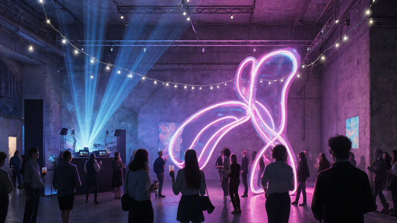 Saatchi Gallery after‑hours with neon installations, DJ booth, and mingling guests.