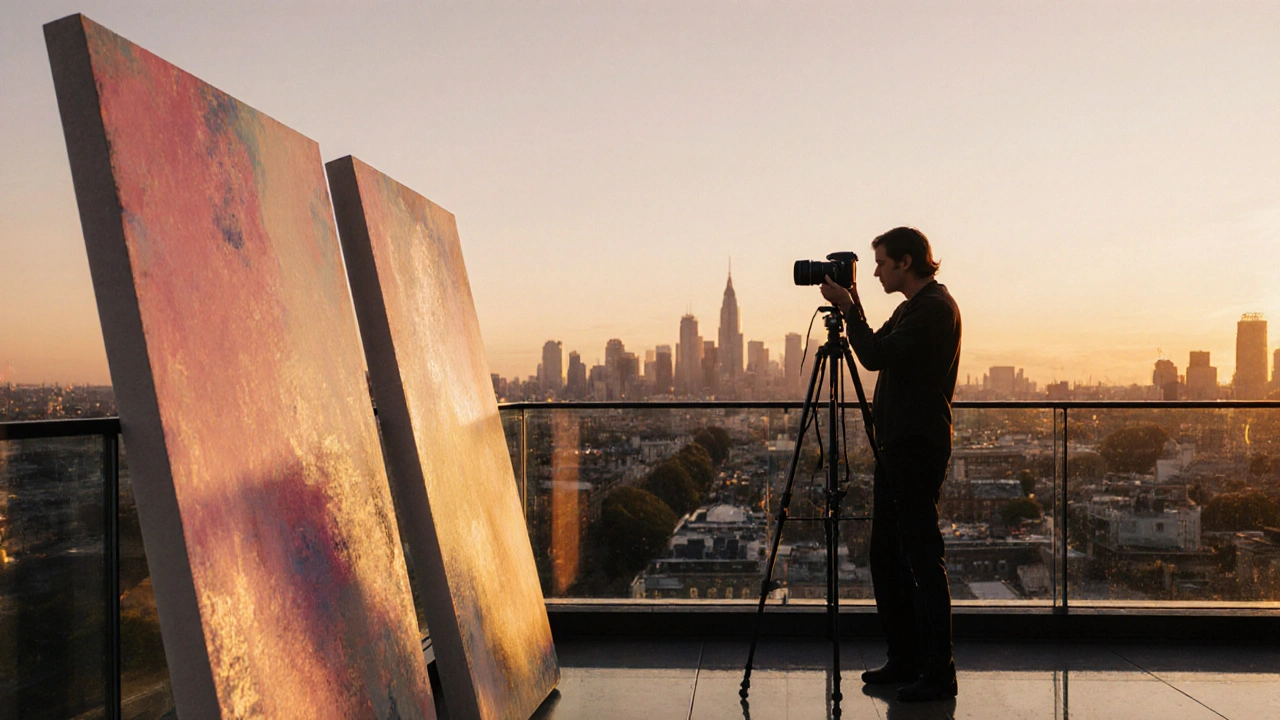 Sunrise on Victoria Miro rooftop terrace with skyline, abstract paintings, and a photographer with a tripod.