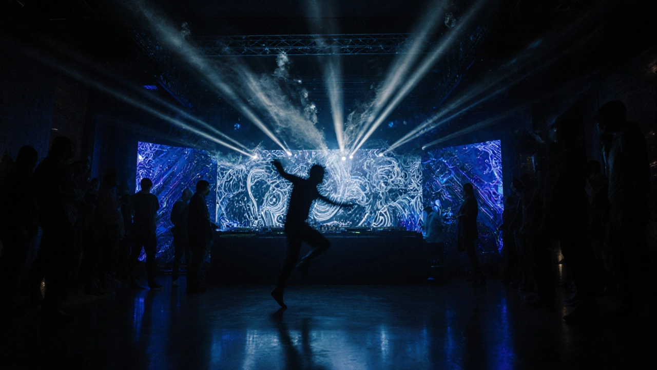 Techno night at Fabric nightclub with pulsing lights and visible sound waves in a dark, underground club.