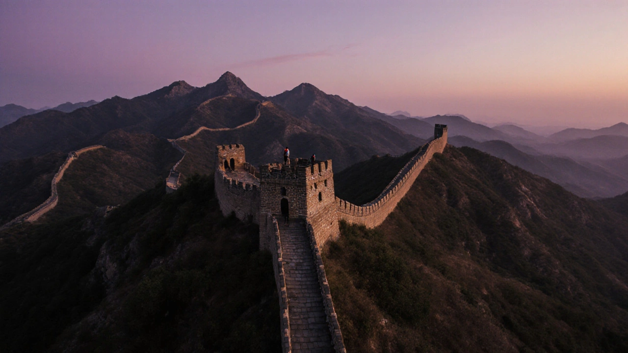 The Great Wall of China snaking over mountains at dusk with a lone hiker on a watchtower.