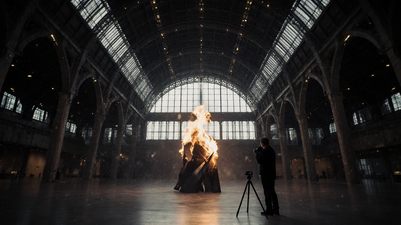 Turbine Hall interior with Blaze sculpture illuminated by soft morning light and a photographer ready to shoot.