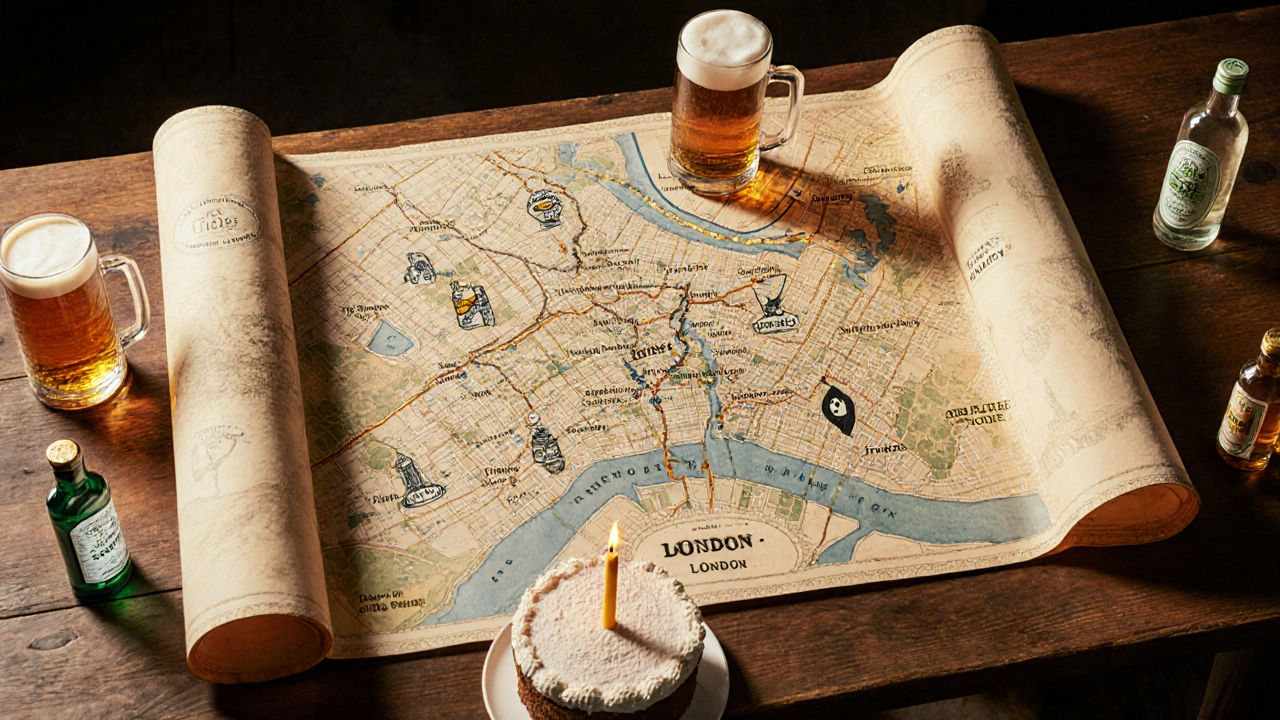 Vintage map of London with illustrated pubs and floating drinks, marking a celebratory crawl.