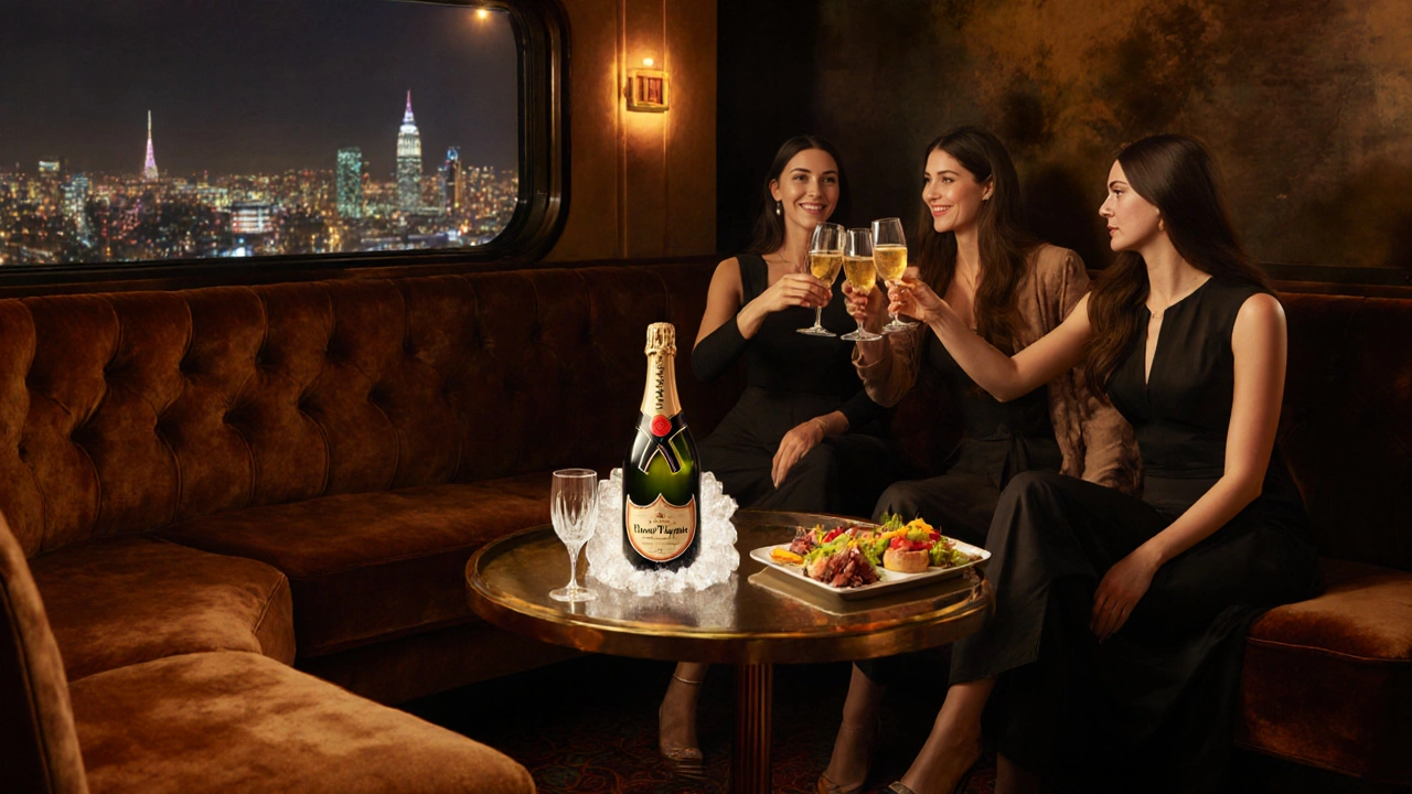 VIP booth with plush seating, bottle service, and a group toasting in warm lighting.