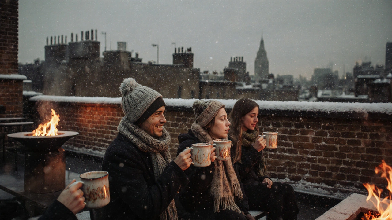 Winter rooftop scene with fire pits, mismatched mugs, and snow falling over historic brick buildings.