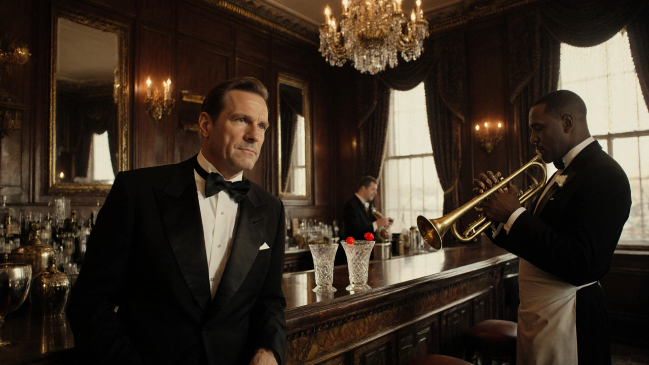 1950s Savoy Bar with crystal cocktails, Peter O&#039;Toole, and Louis Armstrong in elegant setting.