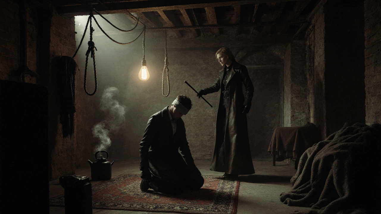 A blindfolded man kneels in a basement space as a dominatrix looms over him, ropes and steam adding atmosphere.