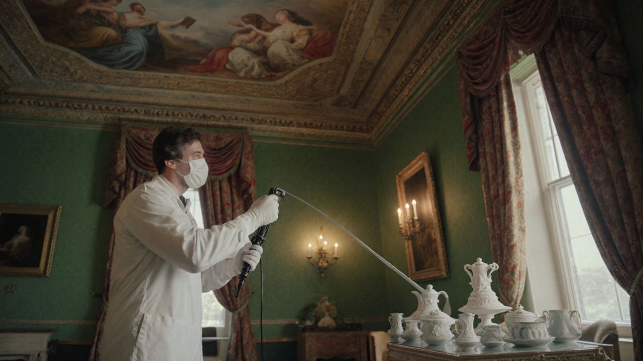 A conservator carefully cleaning a historic ceiling fresco with micro-suction tools under soft LED light.