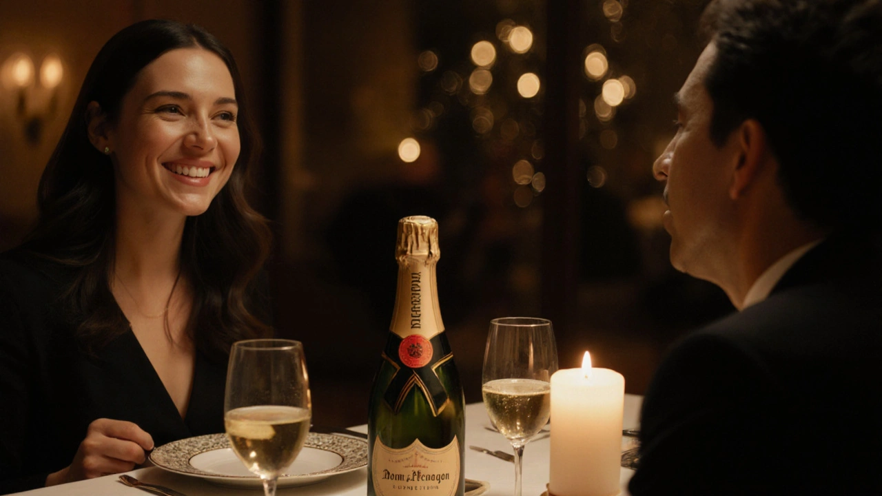 A couple shares a quiet, candlelit dinner in an upscale London dining room, engaged in intimate conversation.