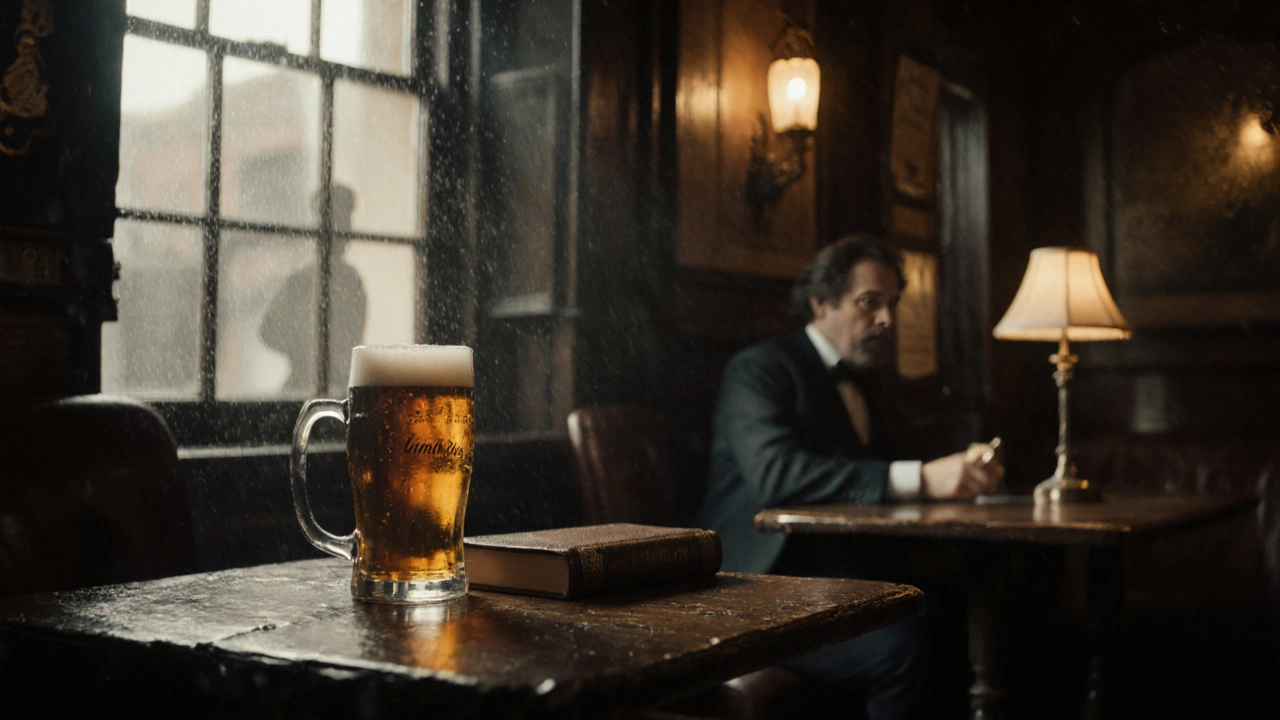 A cozy historic pub interior with a pint and book by the window, faint ghostly figure in the corner.