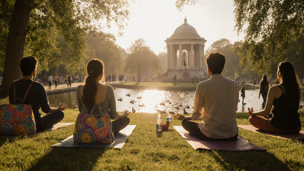 A diverse group doing yoga in Victoria Park with ducks on the lake and trees casting soft light.