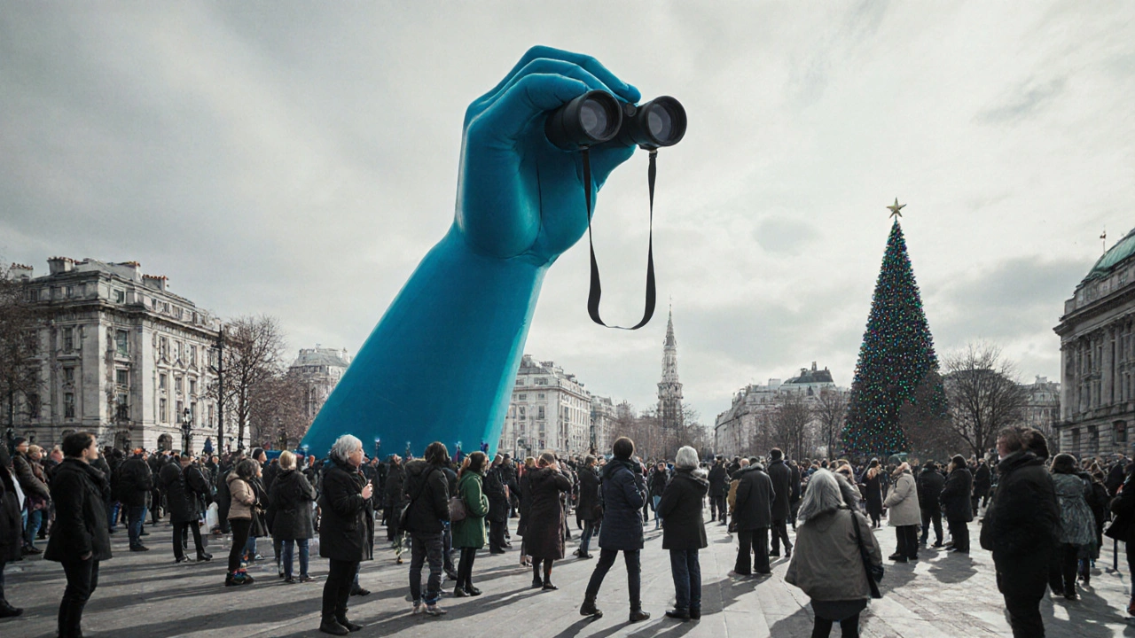 A giant blue hand with binoculars on the fourth plinth, surrounded by a curious crowd in winter clothing.