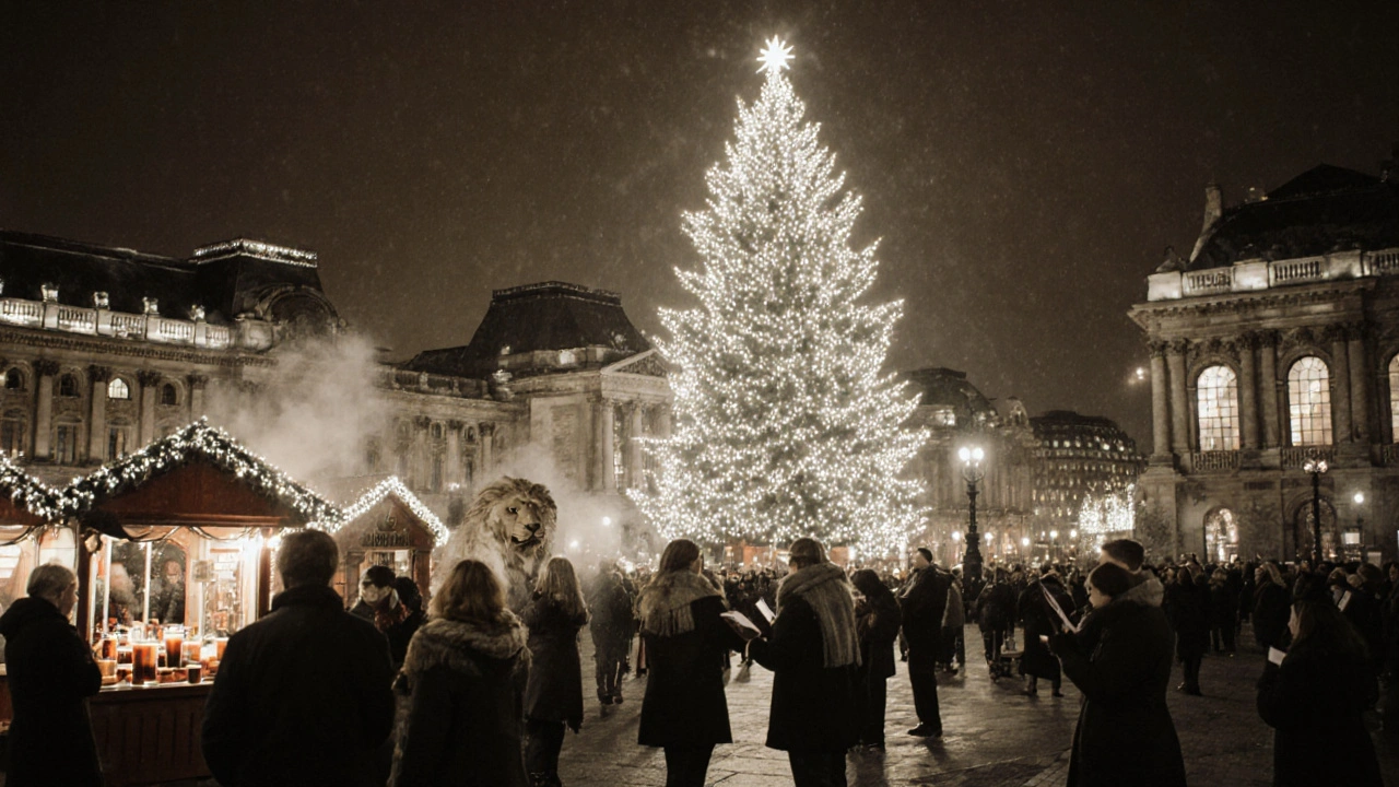 A glowing Norwegian Christmas tree in Trafalgar Square, lit with white lights and surrounded by festive crowds.