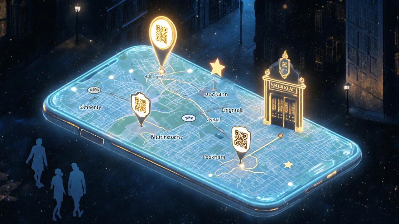 A glowing smartphone app overlay on a London map, showing connected pubs with digital badges and non-alcoholic drink icons.